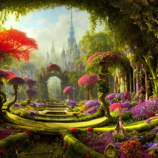 Image similar to a beautiful and highly detailed matte painting of a beautiful palace in a magical fantasy forest garden, colorful flowers, psychedelic style, epic scale, insanely complex, hyperdetailed, sharp focus, hyperrealism, artstation, cgsociety, 8 k, bright colors, by caspar friedrich, albert bierstadt, james gurney, brian froud,