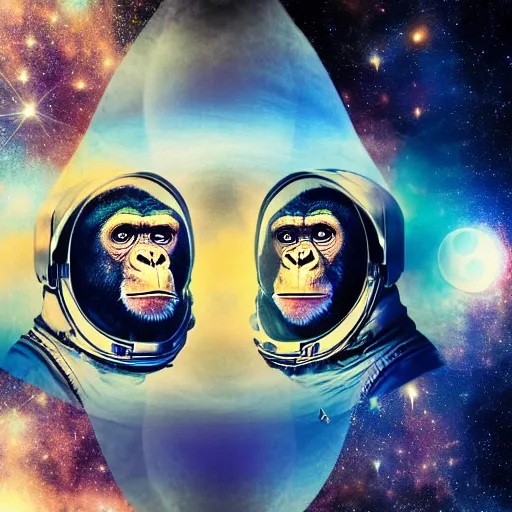 Image similar to double exposure portrait of astronaut and a chimpanzee astronaut with space and time in the the background by davinci, circles, psychedelic, pencil art, high definition, dynamic lighting stars, sharpness, golden ratio