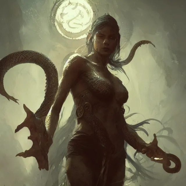 Image similar to a painting of the mother of serpents by greg rutkowski, dark fantasy art, high detail, trending on artstation