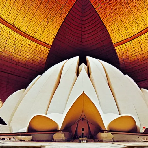 Prompt: futuristic lotus temple space station with gold, red and white marble panels, by buckminster fuller and syd mead, intricate contemporary architecture, photo journalism, photography, cinematic, national geographic photoshoot