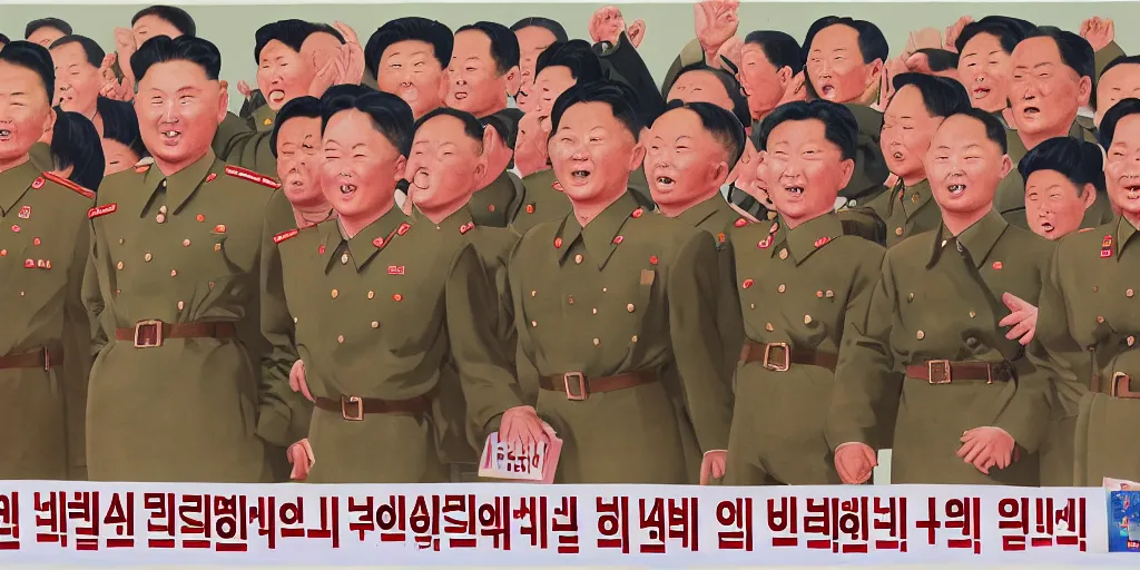 Prompt: north korean propaganda poster with children surrounding dear leader and generals crying in the background