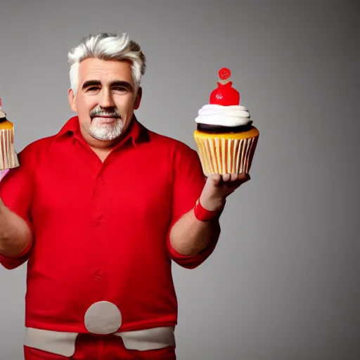 Image similar to Paul Hollywood dressed as Ronald McDonald, holding a plate of small cupcakes, sad expression, octane render, soft lighting, detailed, portrait, 4k resolution