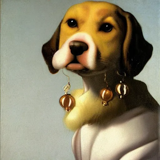 Prompt: a cartoon closeup portrait of an innocent, elegant puppy, smiling, wearing pearl earrings, blender render, global illumination, by jan vermeer