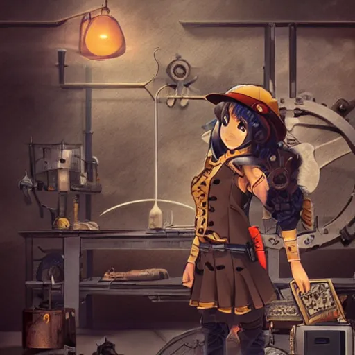 Prompt: an engineer with steampunk tools and clothing who is building a steampunk plane prototype, steampunk tools, anime girl, anime, extremely detailed, sparks, intense, mostly warm colors, warehouse background,