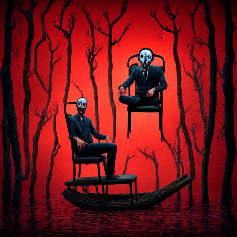 Image similar to a portrait of a man with five heads, twelve arms, sitting on chair made of human limbs, the chair is floating in a lake of blood, around the lake are melting trees, digital art, hyperrealistic nightmare scene, supernatural, highly detailed, creepy, terrifying