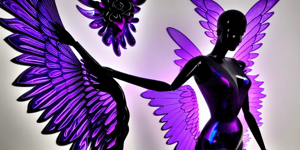 Image similar to a beautiful purple and black 3 d geometrically printed mannequin with angel wings!! in the style of james jean, chrome roses!!!! dripping black iridescent liquid, winged victory, moody, dramatic, introspective, 4 k, trending on artstation, photorealistic, volumetric lighting, octane render, tarot card with ornate border frame h - 1 0 2 4