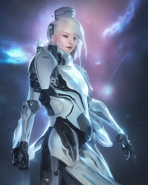 Image similar to perfect android girl on a mothership, warframe armor, beautiful face, scifi, futuristic, galaxy, nebula, bae suzy, dreamy, long white hair!!!, blue cyborg eyes, sharp focus, cinematic lighting, highly detailed, artstation, divine, by gauthier leblanc, kazuya takahashi, huifeng huang