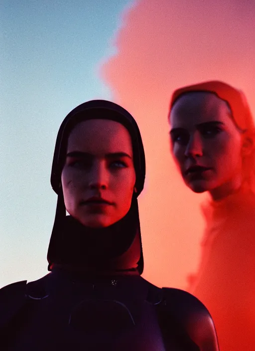 Image similar to cinestill 5 0 d photographic portrait of two sultry loving female androids wearing rugged black techwear on a desolate plain with a red sky, extreme closeup, cyberpunk style, garters, dust storm, 8 k, hd, high resolution, 3 5 mm, f / 3 2, ultra realistic faces, ex machina