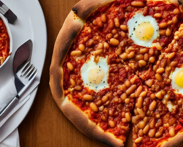 Prompt: dslr food photograph of a mouthwatering pizza with baked beans and egg on, 8 5 mm f 1. 4