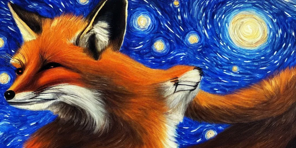 Image similar to a painting of a fox looking up at the stars in the style of Starry Night, highly detailed, trending on artstation