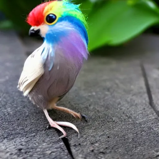 Image similar to a little bird, edgar haircut, rainbow colored hair