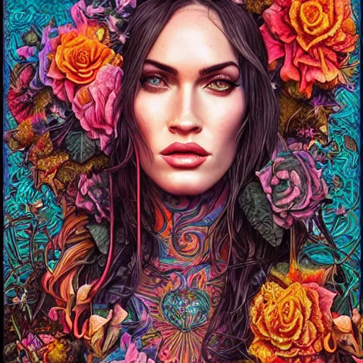 Image similar to portrait of megan fox, hyper detailed masterpiece, neon floral pattern, jean giraud, digital art painting, darkwave goth aesthetic, psychedelic, artgerm, donato giancola and tom bagshaw