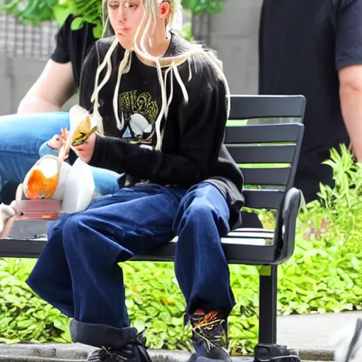 Prompt: miley cyrus sat on a bench eating cheese, thunderstorm, studio ghibli