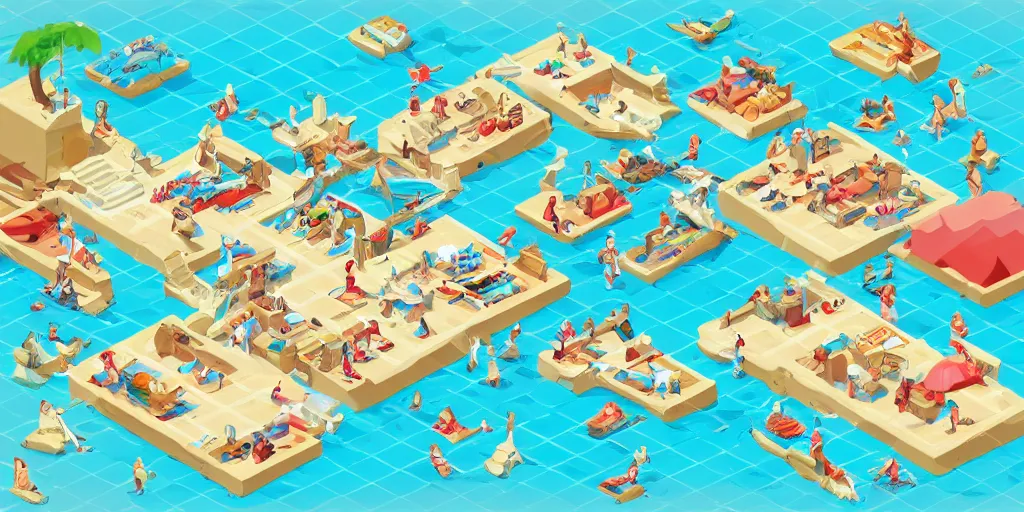 Image similar to a detailed isometric Where’s Waldo puzzle, setting is the beach