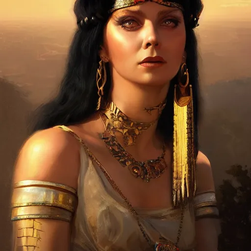 Image similar to closeup portrait of a young vivian leigh as cleopatra, palace background, dramatic light, gorgeous view, depth, high detail, digital art, painted by greg rutkowski, trending on artstation