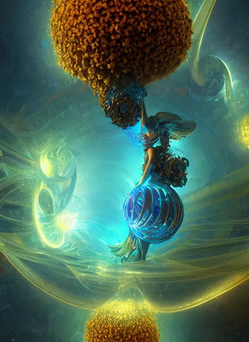 Image similar to flowers within the whole infinite capsule apparent with awe the apparition, an idea seep's into infinity highly detailed in volumetric latent space, golden turquoise steampunk, high contrast cinematic light, mystical shadows, sharp focus, divine realm of gods, octane render, artist by boris vallejo,