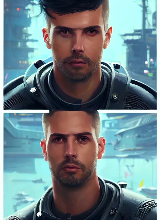 Prompt: portrait of a male submarine officer as a character in Cyberpunk 2077, looking at camera, long hair, intricate, elegant, sci-fi, extremely detailed, digital painting, artstation, concept art, smooth, sharp focus, illustration, ambient lighting, incredible art by artgerm and greg rutkowski and alphonse mucha and simon stalenhag