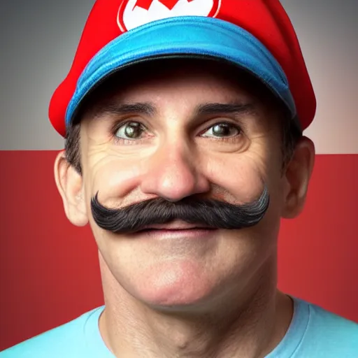 Image similar to a closeup portrait photo of a real Mario.