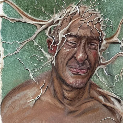 Image similar to The performance art shows a man caught in a storm, buffeted by wind and rain. He clings to a tree for support, but the tree is bent nearly double by the force of the storm. The man's clothing is soaked through and his hair is plastered to his head. His face is contorted with fear and effort. burnt sienna by Adonna Khare, by Syd Mead turbulent