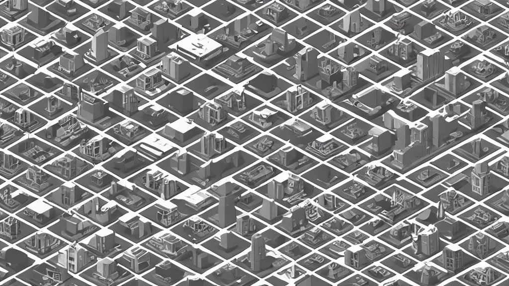 Image similar to infrared resounding isometric stencil village / city setting