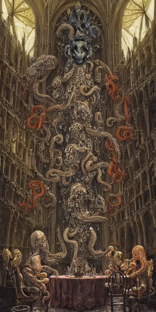 Image similar to mages with human bodies and magical armour with octopus heads sitting near the table in an ancient mage castle with enormous scale, gothic and baroque, brutalist architecture, ultradetailed, Intricate by John Howe and Josan Gonzalez and Giuseppe Arcimboldo