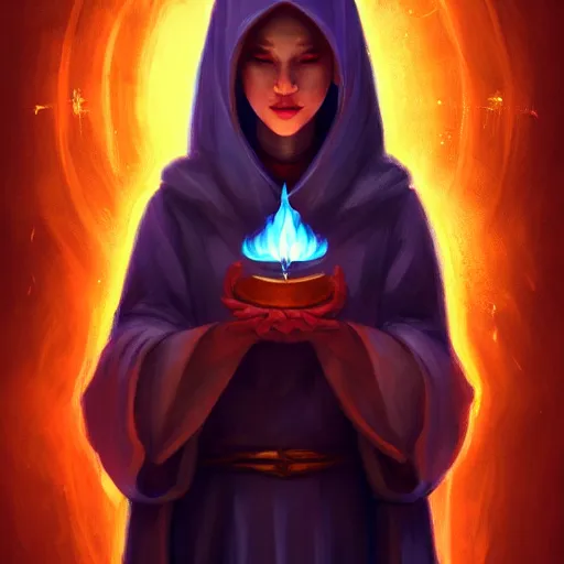 Image similar to ( a priestess with a hood that covers half her face carries an incense burner that emits a pleasantly colored flame. ) by anato finnstark, dream, full body portrait, dynamic lighting, beautiful, trending on artstation, wallpaper, 4 k, award winning, digital art, very detailed faces