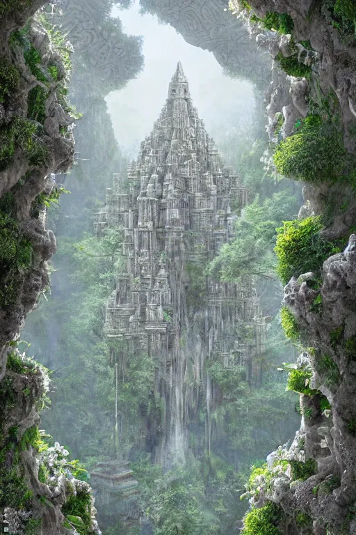 Prompt: ancient fractal temple megastructure in the hanging gardens of a radiant cathedral, overgrown garden, many white flowers, scanned earth terrain bridges, erosion algorithm landscape, by albert bierdstat, by glenn small, high fantasy, high resolution, photorealism, populated by luminous beings, volumes of fog, aerial perspective