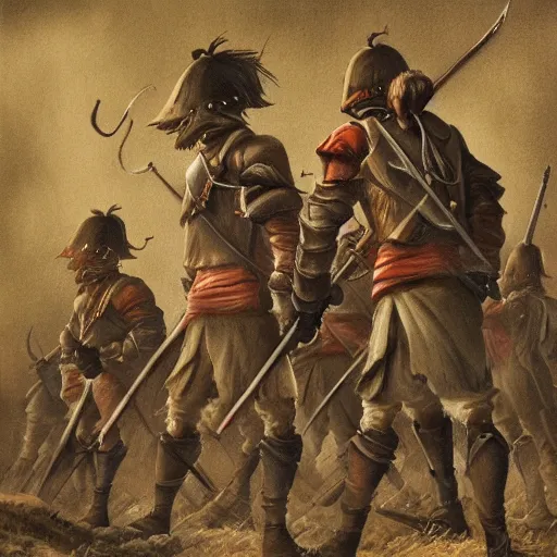 Image similar to 3 footsoldiers stand against a horde, illustration, beautiful