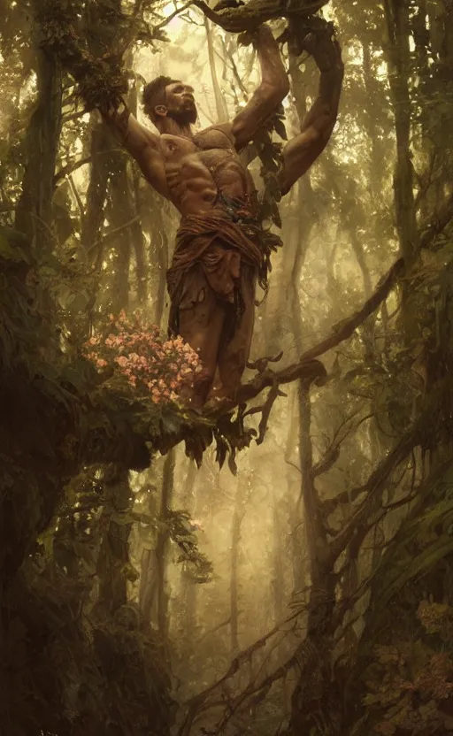 Image similar to god of the forest, 3 0 years old, rugged, handsome, male, detailed face, clean lines, atmospheric lighting, amazing, full body, flowers, muscular, intricate, highly detailed, digital painting, artstation, concept art, sharp focus, illustration, art by greg rutkowski and alphonse mucha