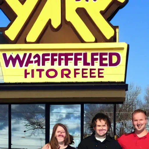 Image similar to wafflehouse employee's standing below wafflehouse sign