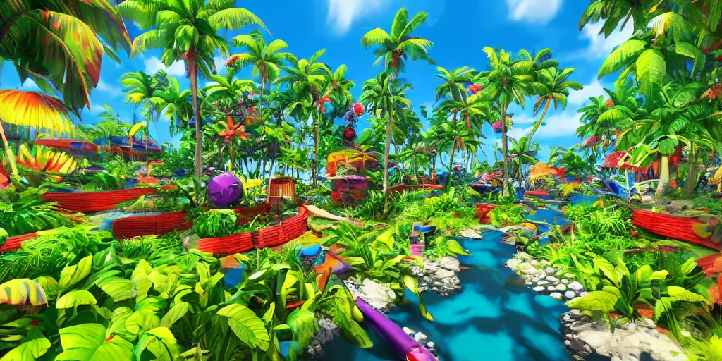 Image similar to plastic beach island lush vegetation caustics fluid simulation lighting impressive colorful masterpiece graffiti hyper perspective textured detailed intricate sharp focus 8 k