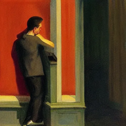 Image similar to a stable diffusion user refusing to sleep even though he can ’ t feel his eyes. in the style of regret and edward hopper. goodnight dreamers 👋💤.