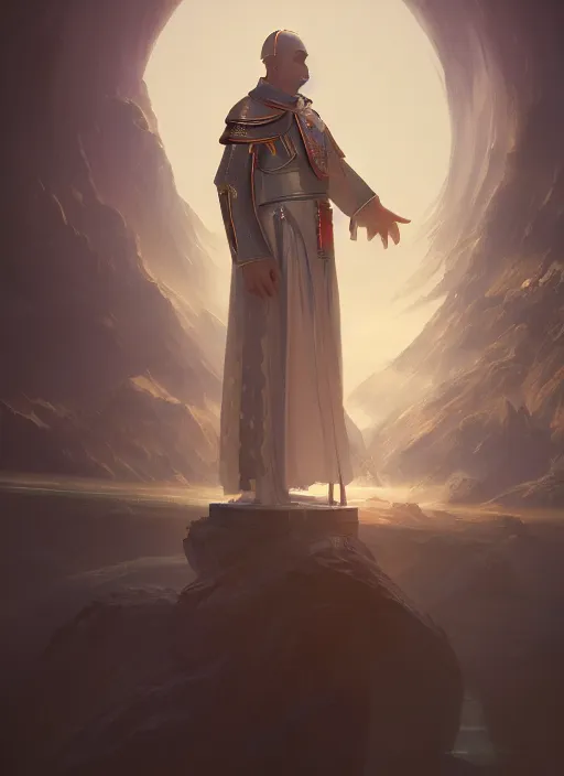 Prompt: The Futuristic Pope, extremely detailed digital painting, in the style of Fenghua Zhong and Ruan Jia and jeremy lipking and Peter Mohrbacher, mystical colors, rim light, beautiful Lighting, 8k, stunning scene, raytracing, octane, trending on artstation