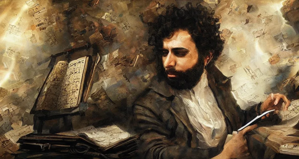 Prompt: the most epic painting of all time, a curly - haired persian guy composing the most epic symphony of minds, trending on artstation