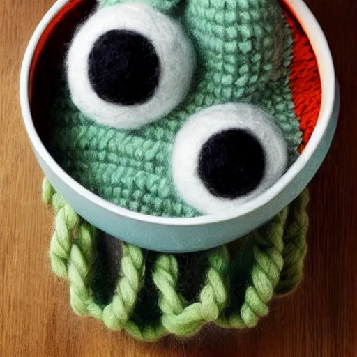 Image similar to a bowl of soup that looks like a monster, knitted out of wool