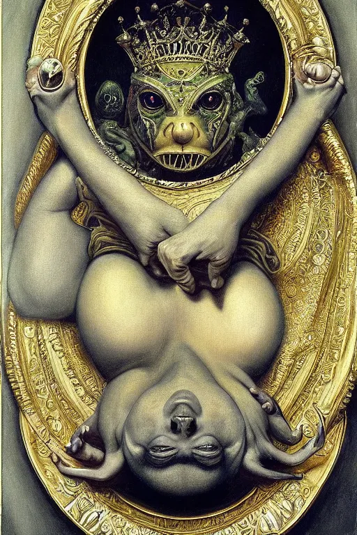 Prompt: hyper realistic painting portrait of frog queen, occult diagram, elaborate details, detailed face, intrincate ornaments, gold decoration, occult art, oil painting, art noveau, in the style of roberto ferri, gustav moreau, jean delville, bussiere, saturno butto - c 9