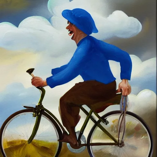 Prompt: A whimsical painting of a happy man flying in the sky on his bicycle in the clouds, action shot, subject is smiling, expressive oil painting