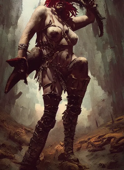 Image similar to hyper realistic painting of prehistoric punk warrior girl, full body, rule of thirds, conceptart, saturated colors, cinematic, greg rutkowski, brom, james gurney, mignola, craig mullins, alan lee