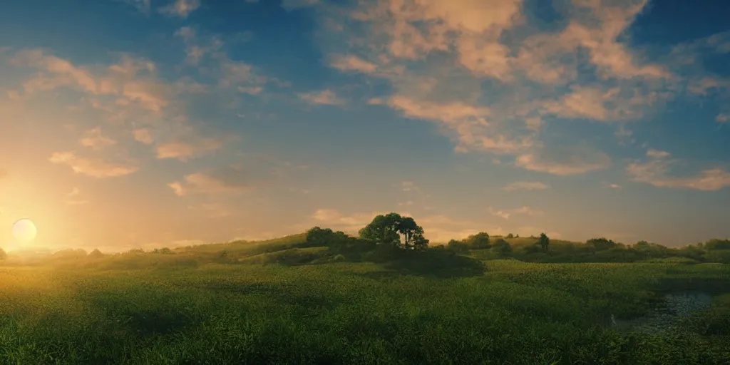 Image similar to round white dome on a hillside, by a river and fields, dreamy, sunset, volumetric lighting, Studio Ghibli