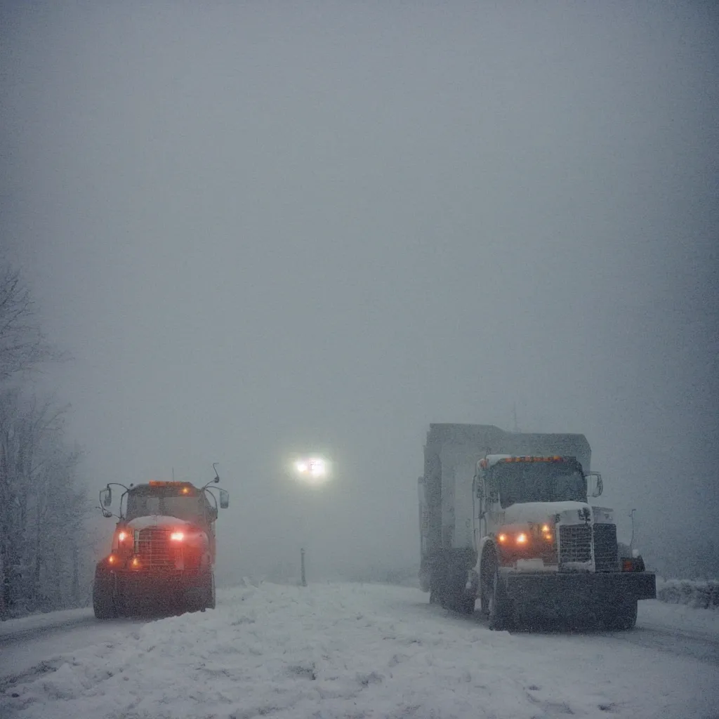 Image similar to photo, big snow plow truck is in the distance with a bright headlighta. cold color temperature, snow storm. hazy atmosphere. humidity haze. kodak ektachrome, greenish expired film, award winning, low contrast,