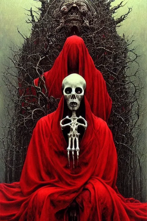 Prompt: a priest with no face, wearing red robes, ##sitting on a throne made of bones##, gothic horror, surrealism Amano, Karol Bak, Beksinski painting, part by Adrian Ghenie and Gerhard Richter, part by Takato Yamamoto. 8k masterpiece