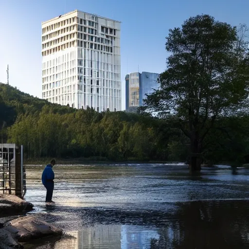 Image similar to man fishing into a river with a sci - fi nuclear containment building in the background, trees, a sense of hope and optimism, harsh sunlight