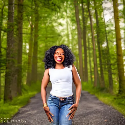 Image similar to Brenda Meeks from scary movie smiling, 8k, natural light , dynamic pose, award winning photograph, HDR, EOS R5, f/1.8,