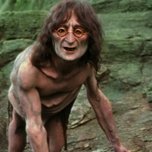 Prompt: A color still of John Lennon as Gollum in The Lord of the Rings, on all fours, 1967