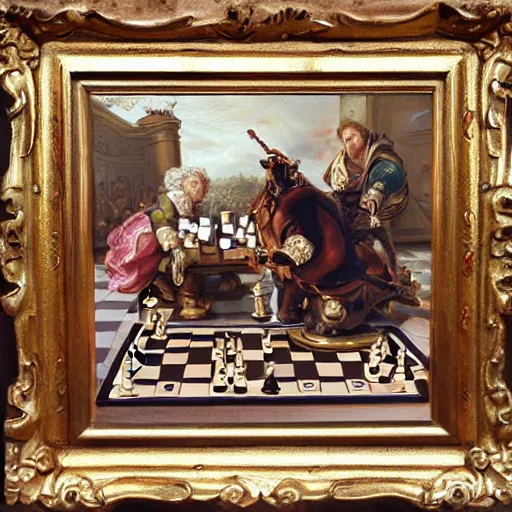 Image similar to tank playing chess looking wise, rococo oil painting, highly detailed