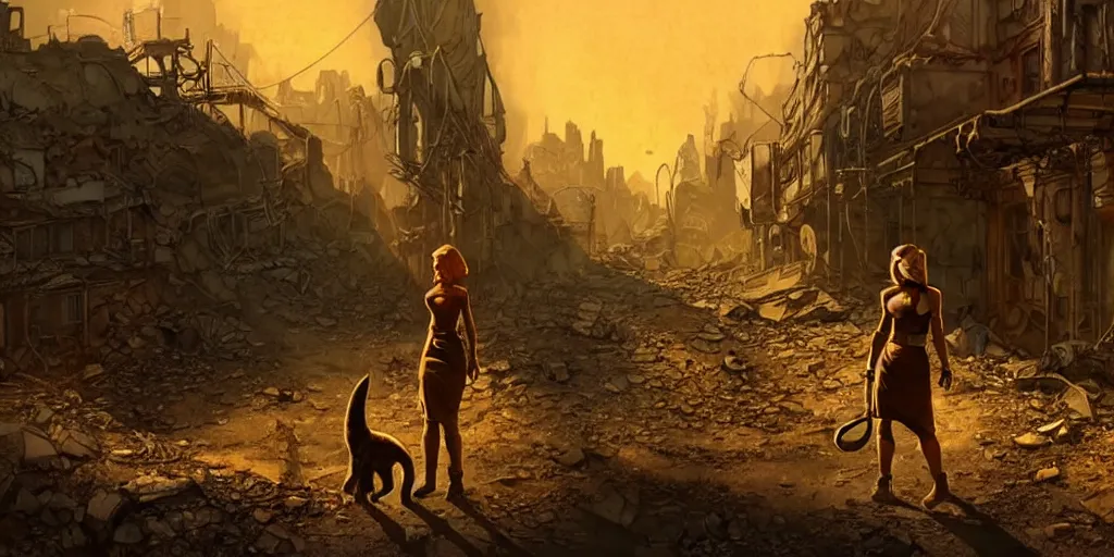 Prompt: fallout 5 concept art, female protagonist and feline companion, outdoor scene, some in the ruined city, atmospheric lighting, painted, cinematic, wide angle shot, intricate, volumetric lighting, beautiful, gritty, rich deep colours masterpiece, golden ratio, golden hour, sharp focus, ultra detailed by jack kirby, ignacio fernandez rios, thierry doizon