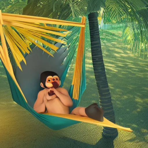 Image similar to digital art of a monkey laying in a hammock eating a banana, octane render, 8 k render, saturated, dynamic lighting