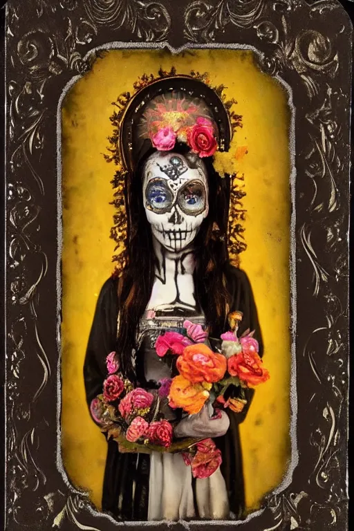 Image similar to tintype full body view, virgin mary in dia de muertos dress and make up, horrific beautiful vibe, evocative, atmospheric lighting, painted, intricate, highly detailed,