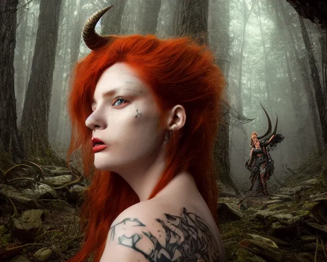 Image similar to 5 5 mm portrait photo of an armored gorgeous anesthetic redhead woman warrior with a face tattoo and horns growing from her head and a gargoyle sitting on her shoulder, in a magical forest in the style of greg rutkowski. by luis royo. highly detailed 8 k. intricate. lifelike. soft light. nikon d 8 5 0. cinematic post - processing