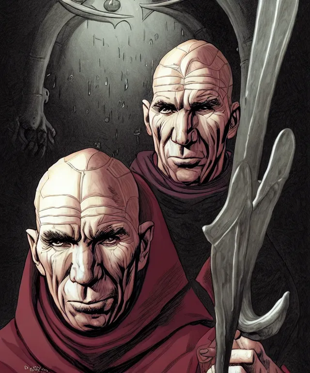 Image similar to a ( fantasy comic ) ( cover art ) portrait of a catholic inquisitor who looks like ( pete postlethwaite ), digital illustration by jenny frison and sana takeda and kentaro miura, fine inking lines, vivid colors, dnd, highly detailed!, hd, 4 k, trending on artstation